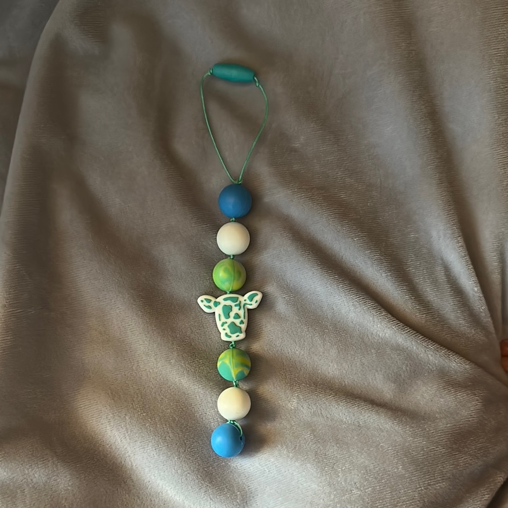 Handmade Teal/Green/White Cow Silicone Teether